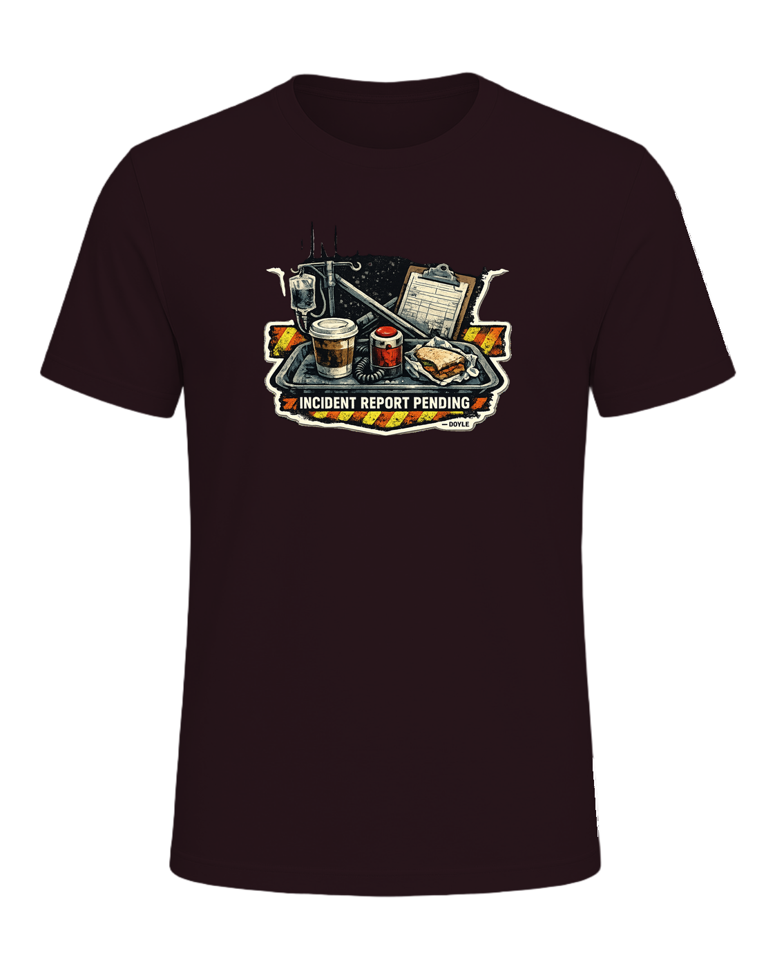 Lunch Break Incident Report Pending Tee — Oxblood Black