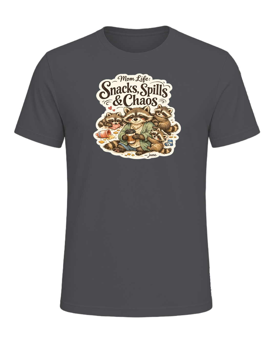 Mom Life: Snacks, Spills & Chaos Tee — Asphalt