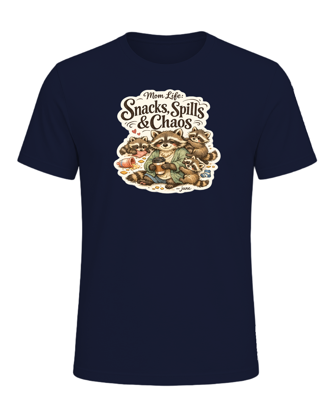Mom Life: Snacks, Spills & Chaos Tee — Navy