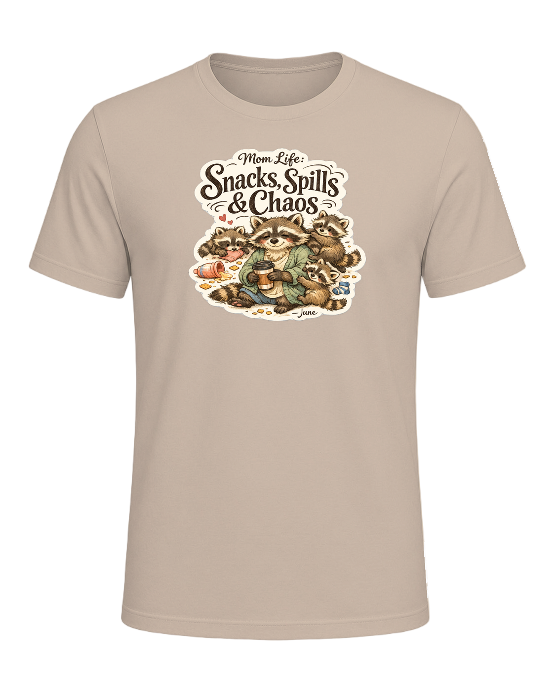 Mom Life: Snacks, Spills & Chaos Tee — Tan