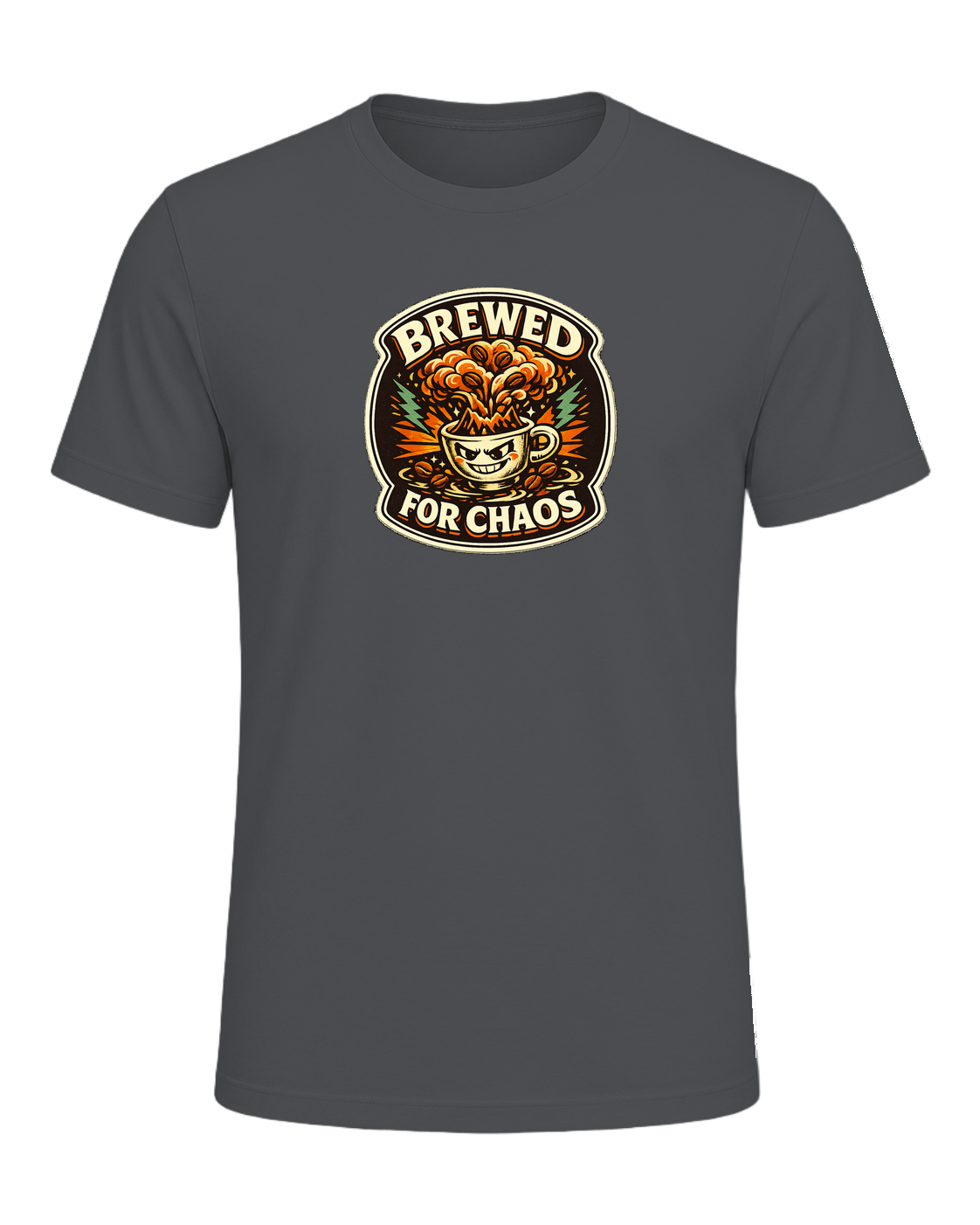 A bold retro coffee badge tee for anyone who is fully brewed for chaos. — Asphalt