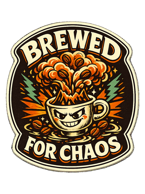 A bold retro coffee badge tee for anyone who is fully brewed for chaos.