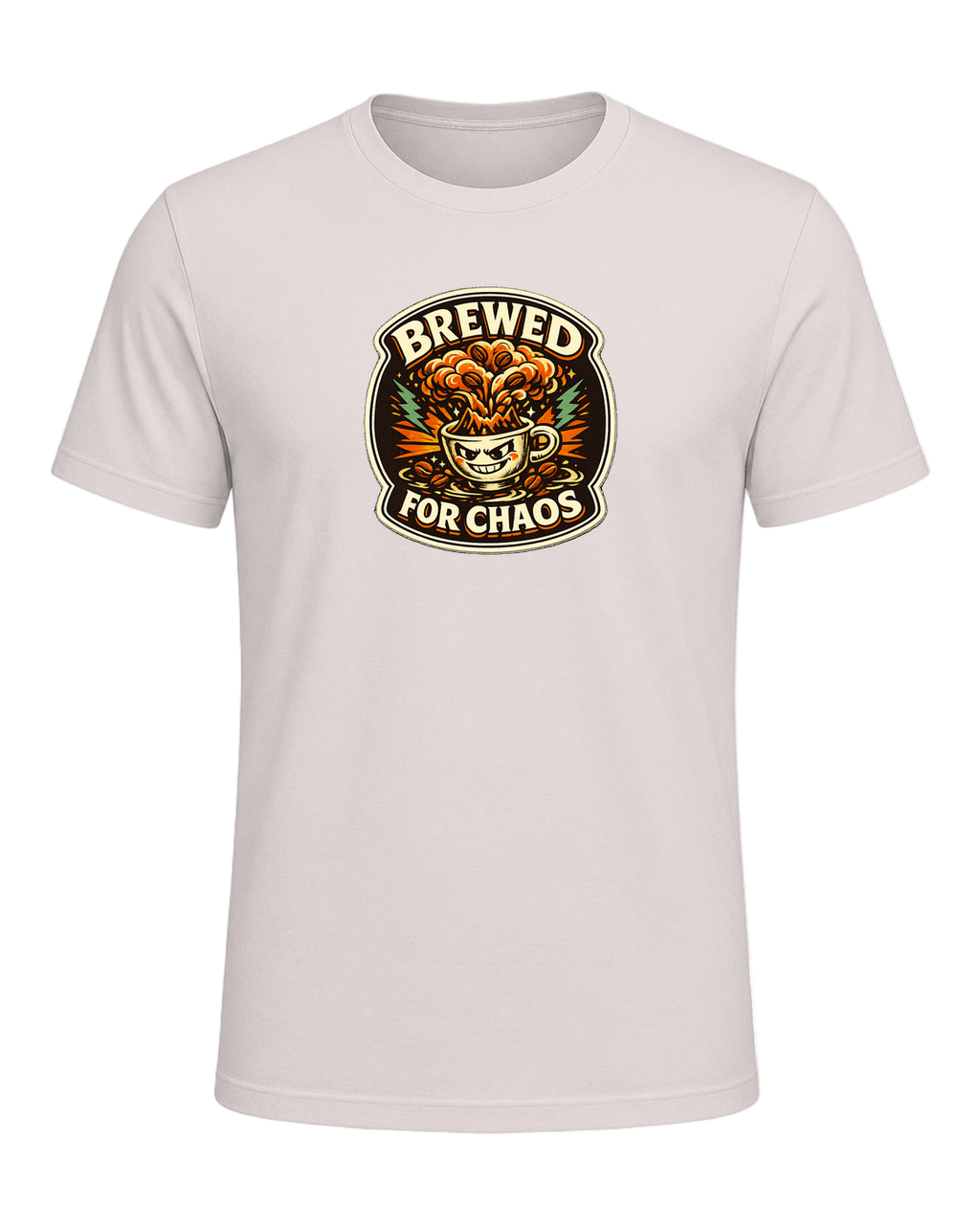 A bold retro coffee badge tee for anyone who is fully brewed for chaos. — Heather Dust