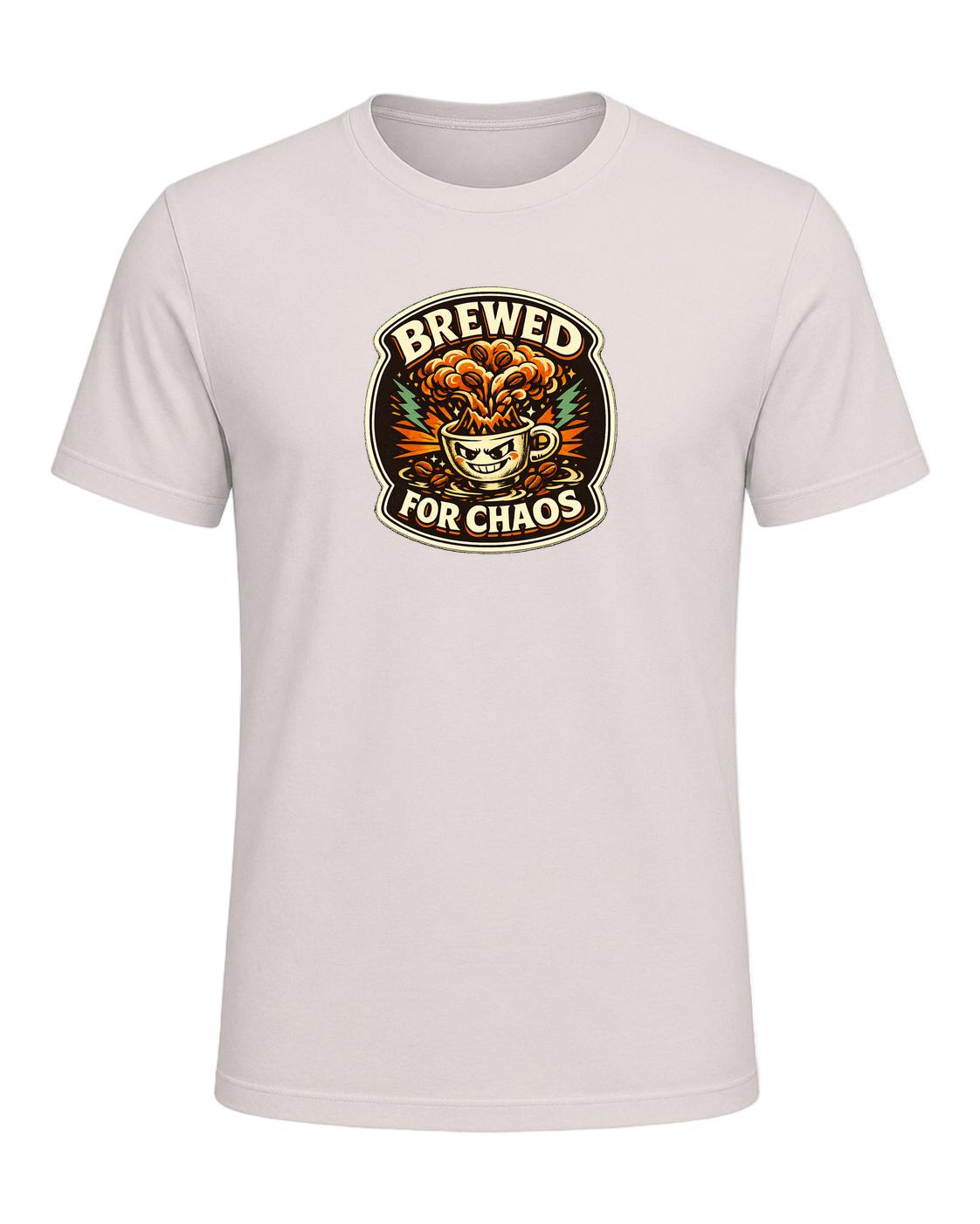 A bold retro coffee badge tee for anyone who is fully brewed for chaos. — Heather Dust