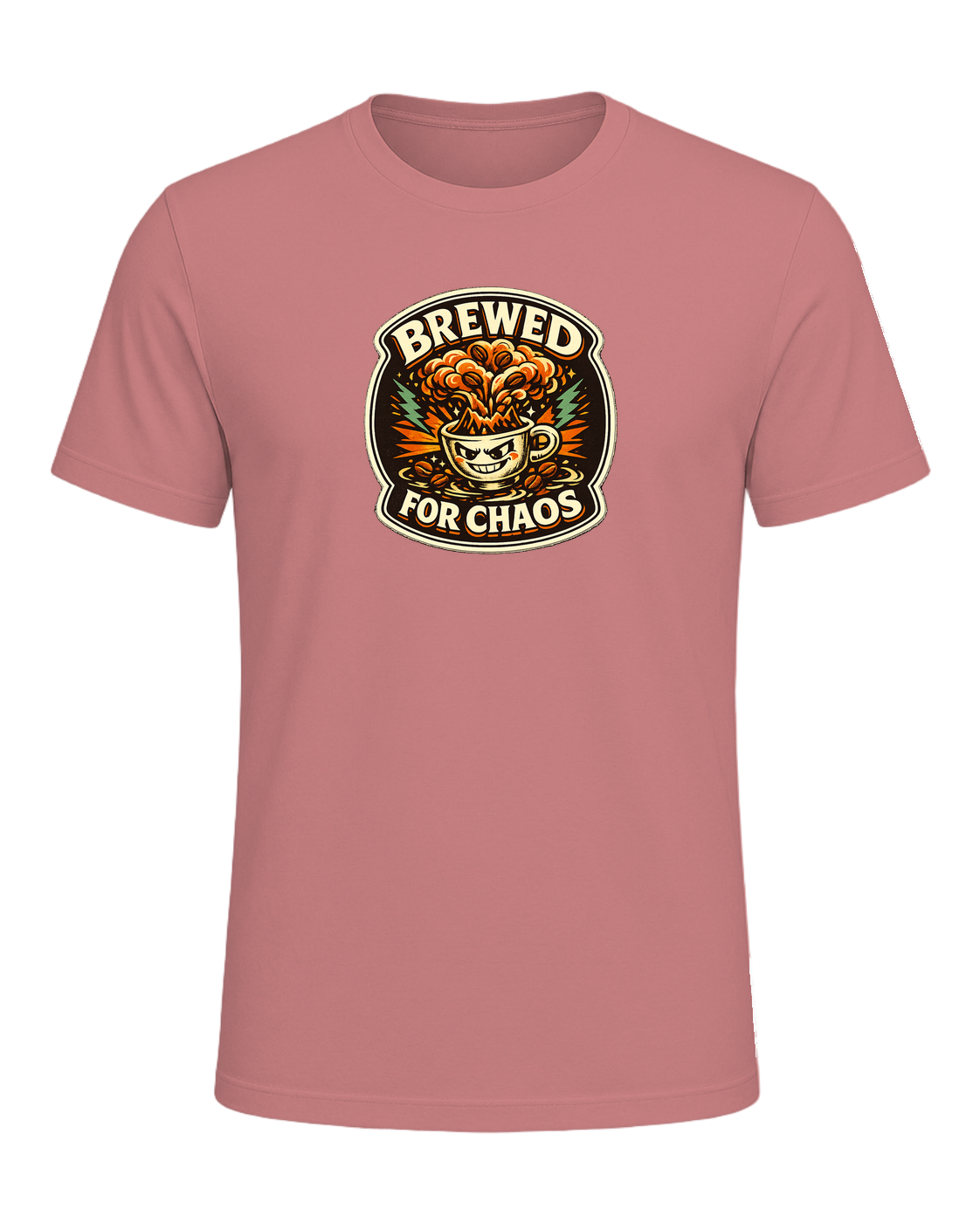 A bold retro coffee badge tee for anyone who is fully brewed for chaos. — Heather Mauve