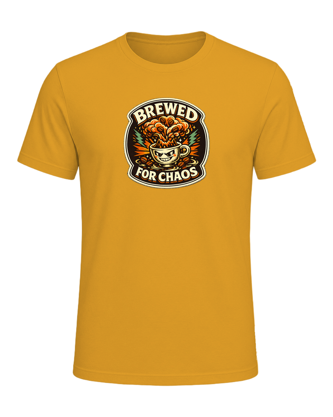 A bold retro coffee badge tee for anyone who is fully brewed for chaos. — Mustard