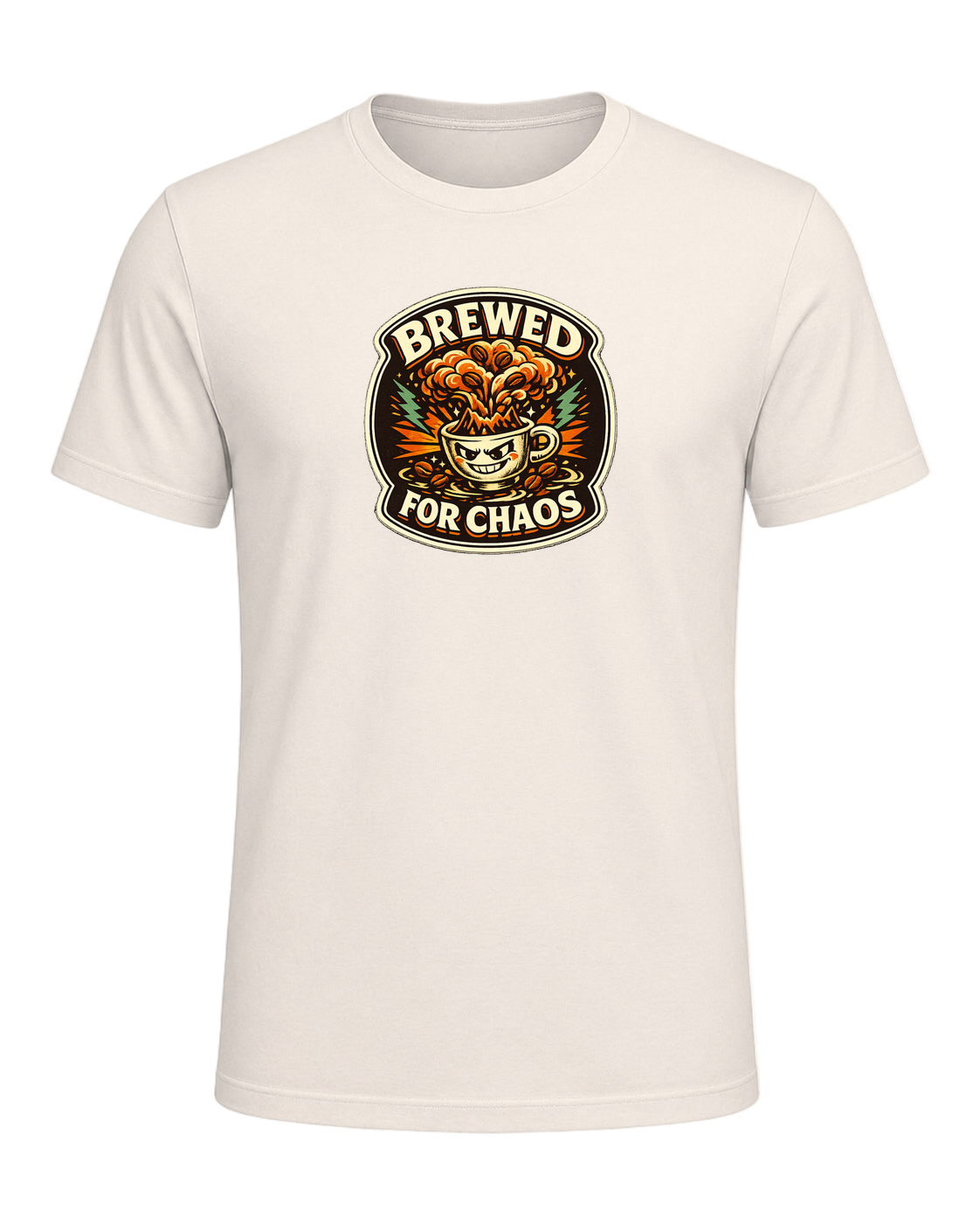 A bold retro coffee badge tee for anyone who is fully brewed for chaos. — Natural
