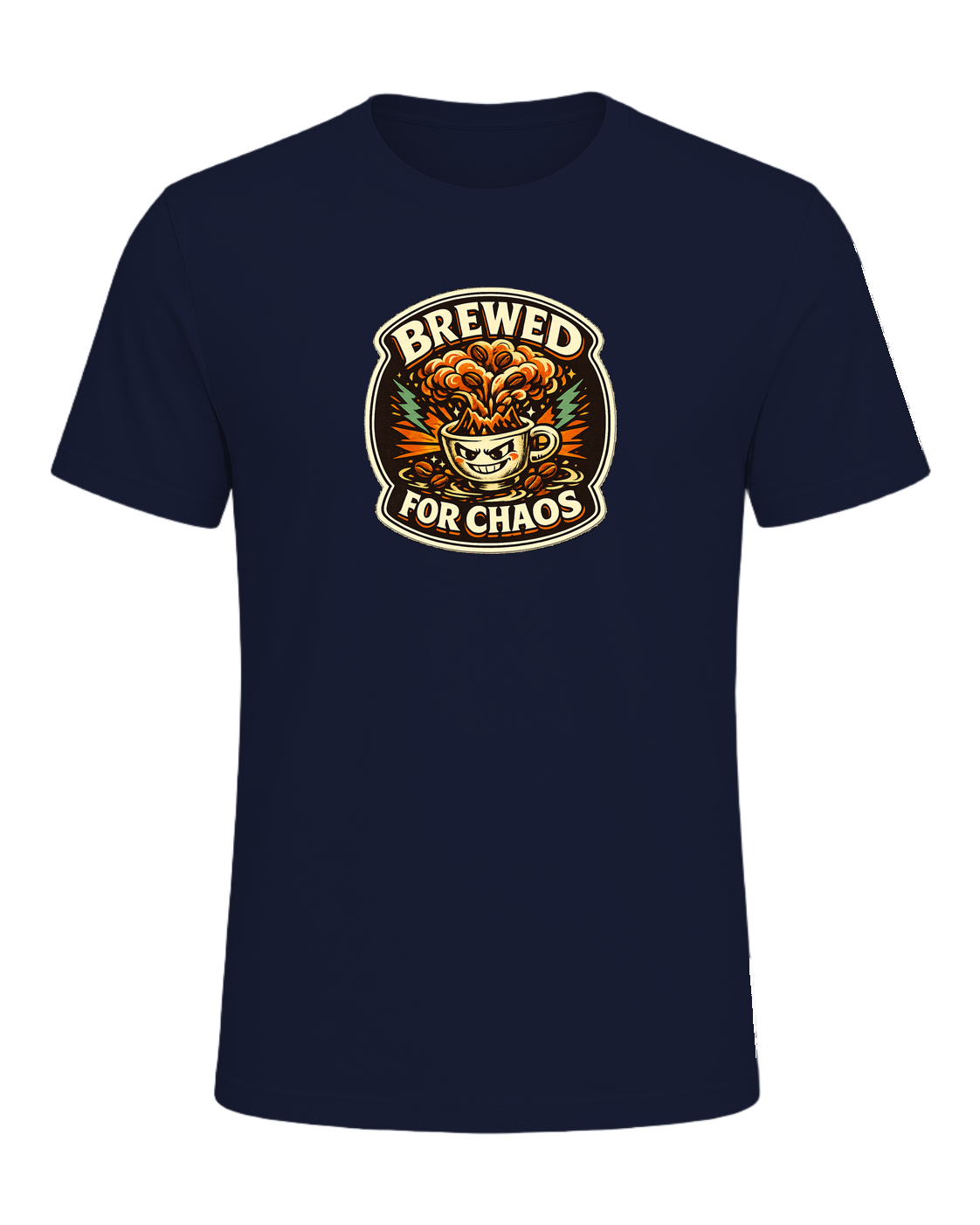 A bold retro coffee badge tee for anyone who is fully brewed for chaos. — Navy