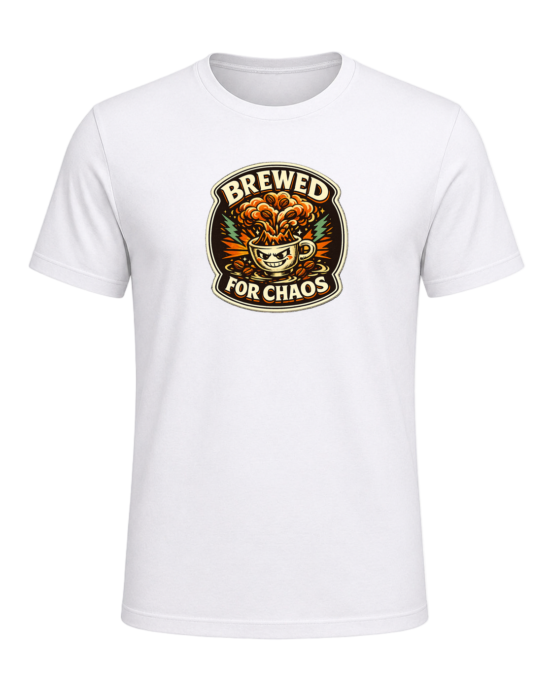 A bold retro coffee badge tee for anyone who is fully brewed for chaos. — White