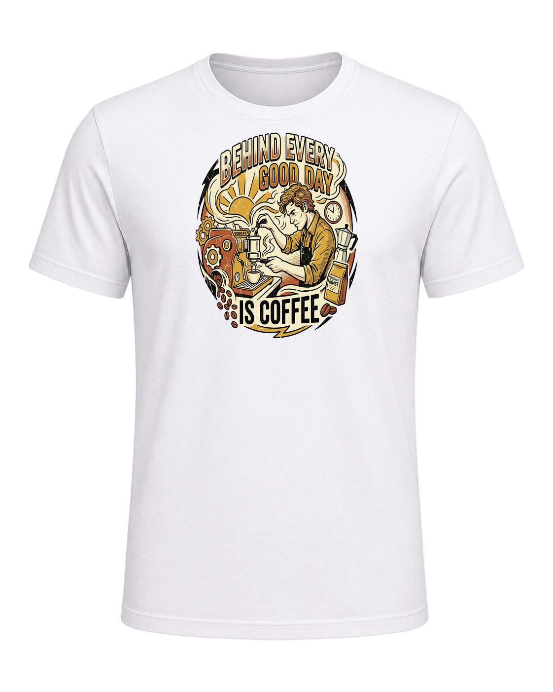 BEHIND EVERY GOOD DAY IS COFFEE — White