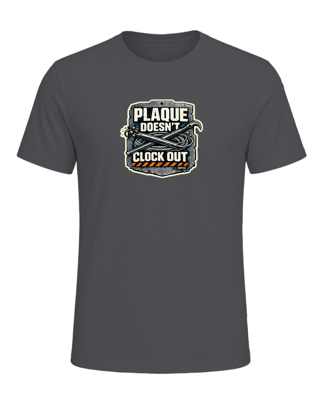 Plaque Doesn't Clock Out Tee — Asphalt