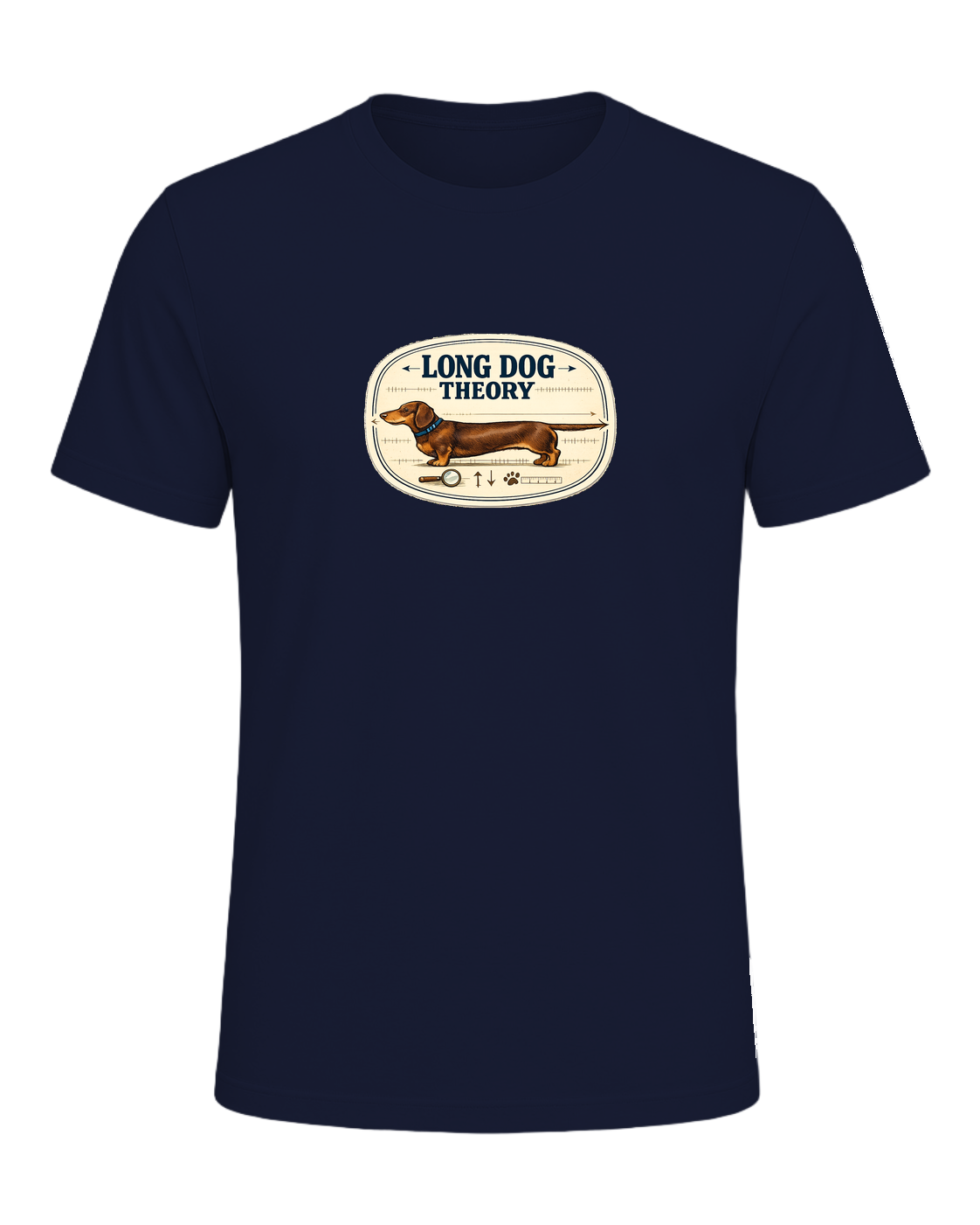 A clever vintage field-note dachshund tee for believers in LONG DOG THEORY. — Navy