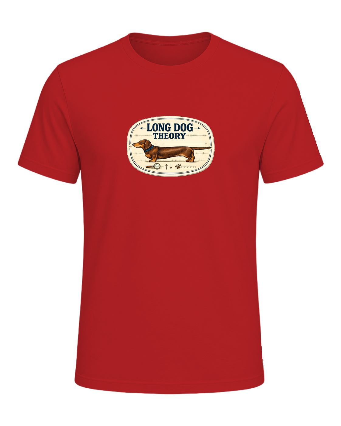 A clever vintage field-note dachshund tee for believers in LONG DOG THEORY. — Red