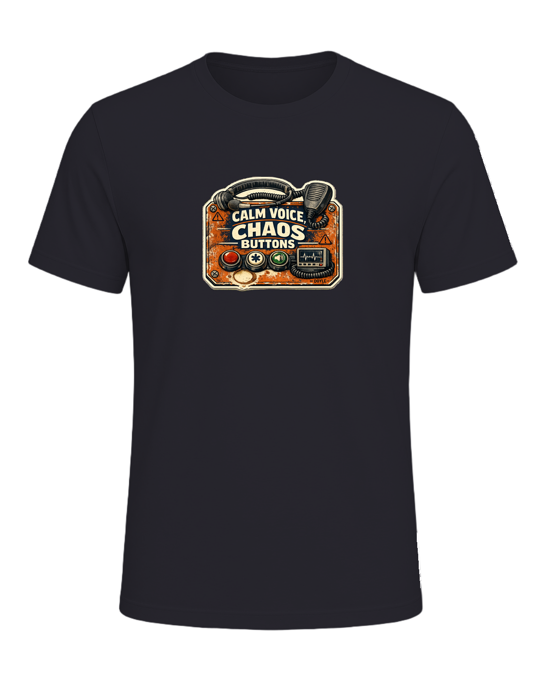 Calm Voice, Chaos Buttons Tee — Dark Grey
