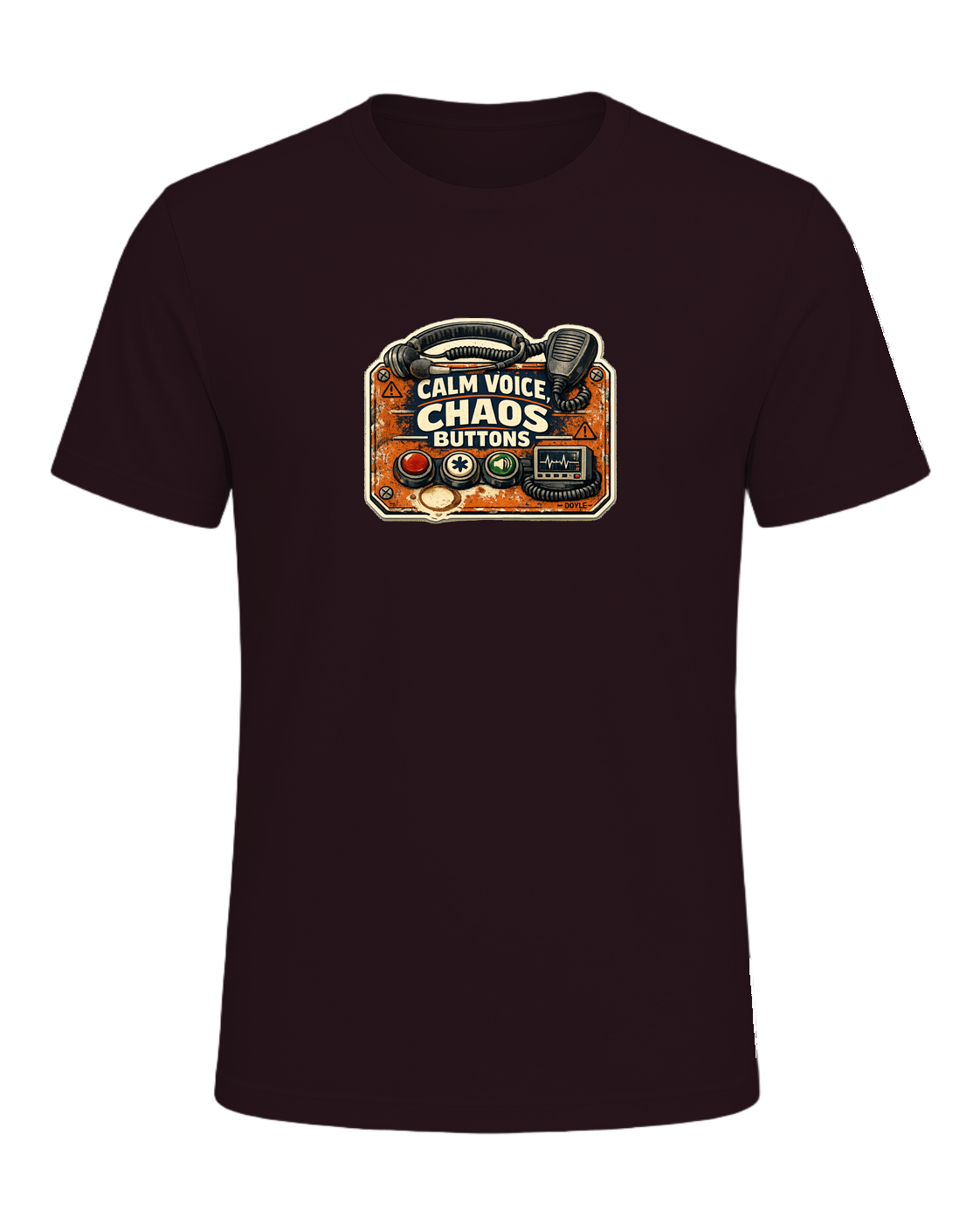 Calm Voice, Chaos Buttons Tee — Oxblood Black