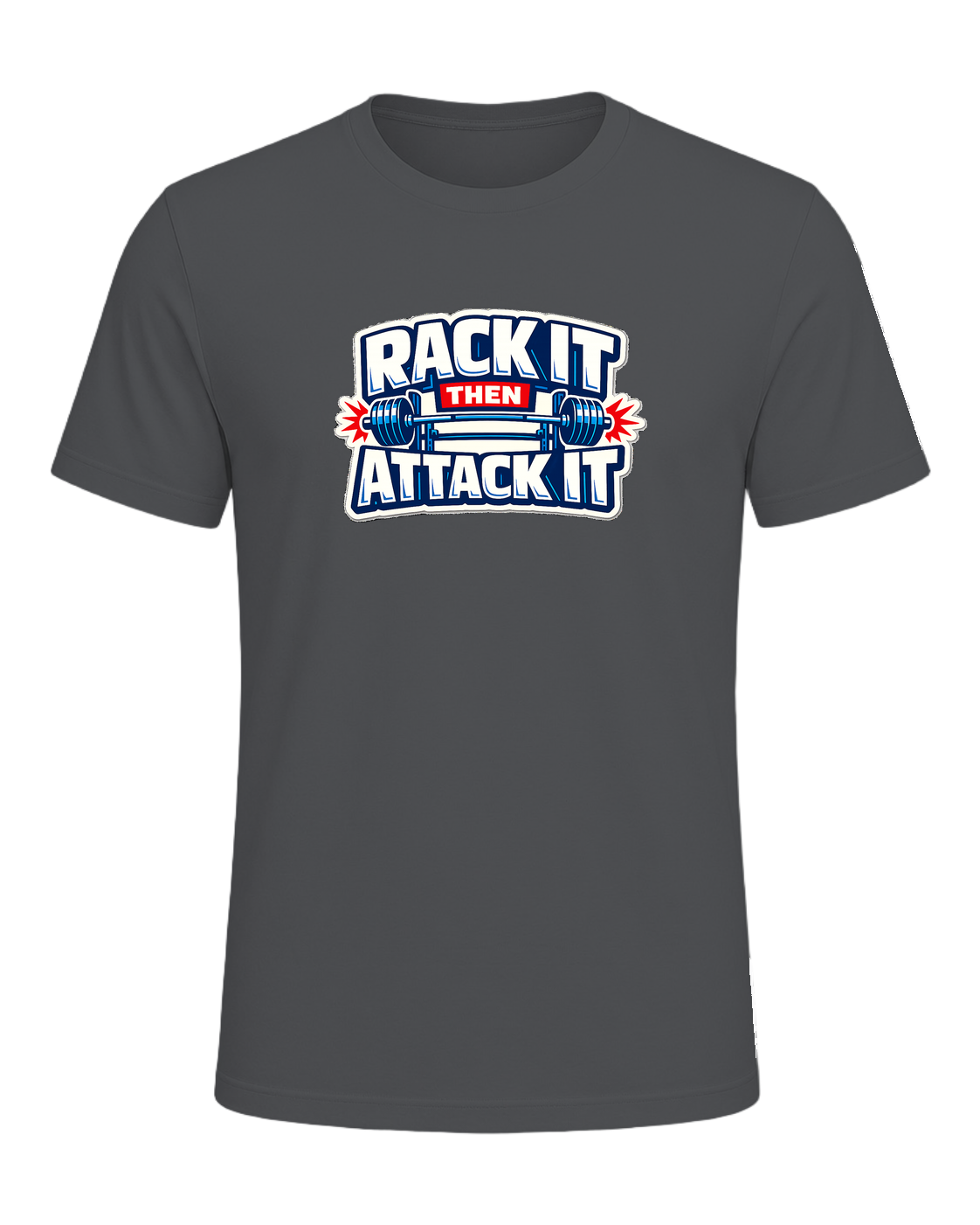 A loud rack-day barbell tee for lifters who load the bar and attack the set. — Asphalt