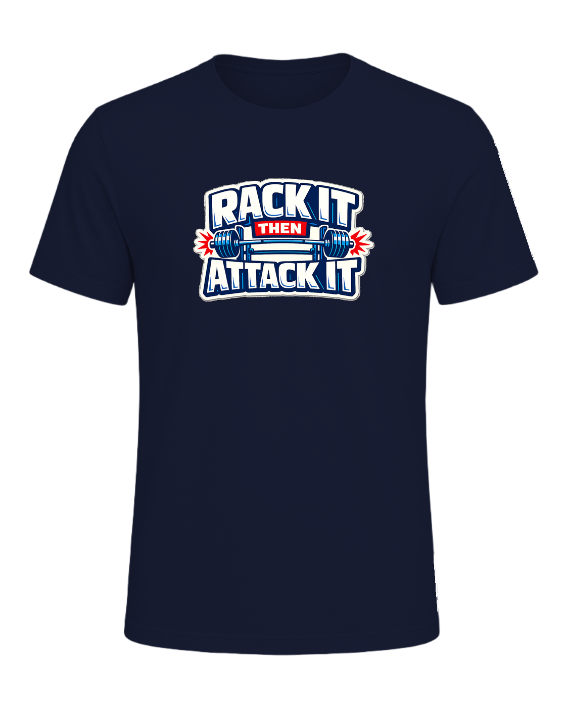 A loud rack-day barbell tee for lifters who load the bar and attack the set. — Navy