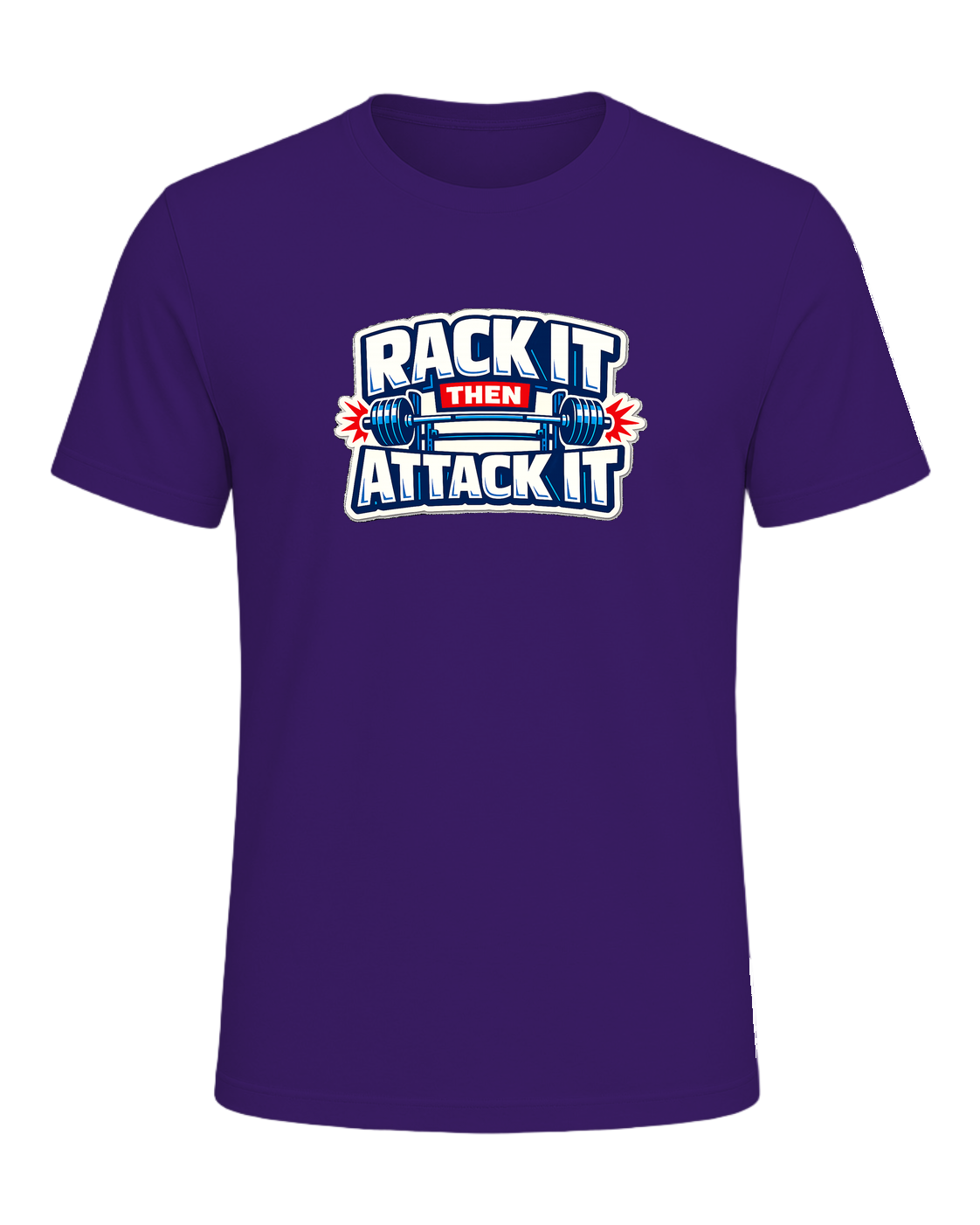 A loud rack-day barbell tee for lifters who load the bar and attack the set. — Team Purple
