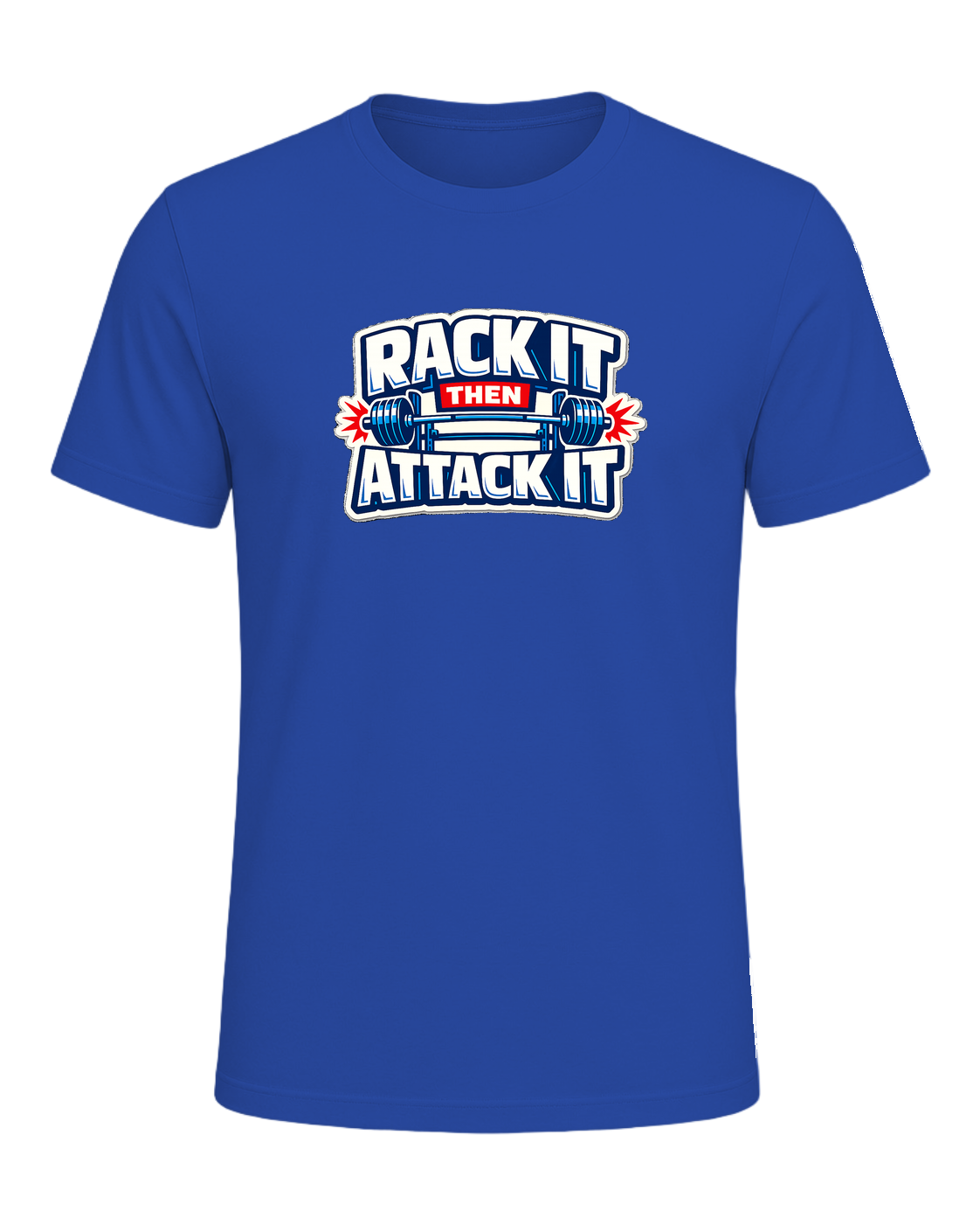 A loud rack-day barbell tee for lifters who load the bar and attack the set. — True Royal