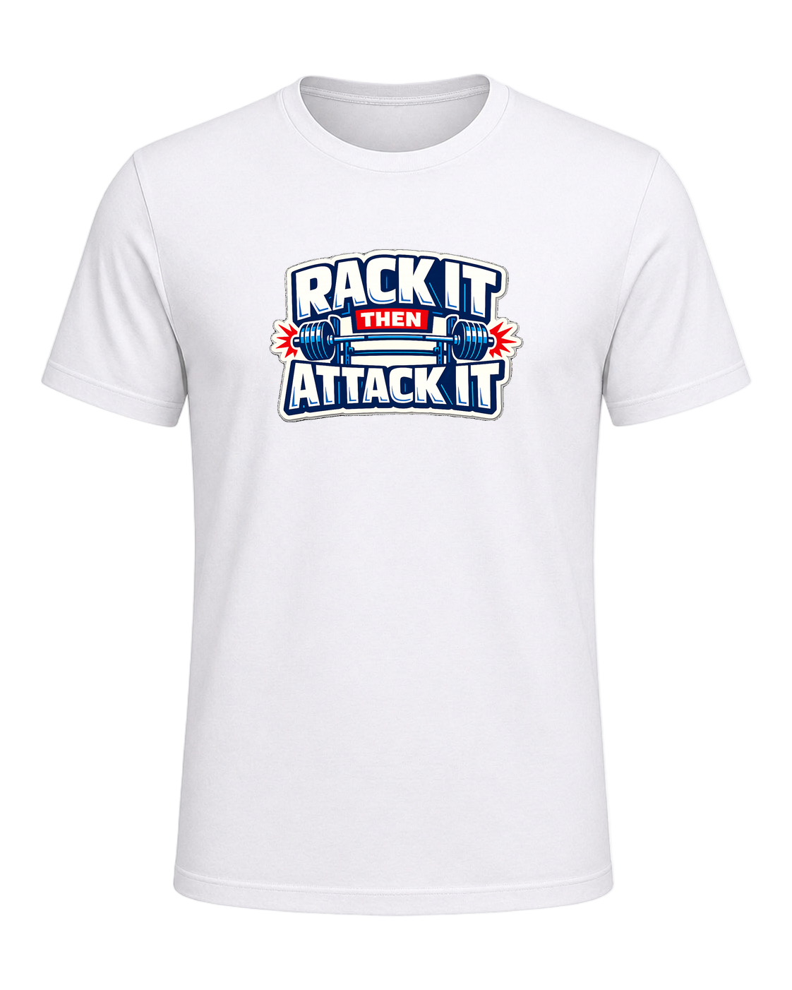A loud rack-day barbell tee for lifters who load the bar and attack the set. — White
