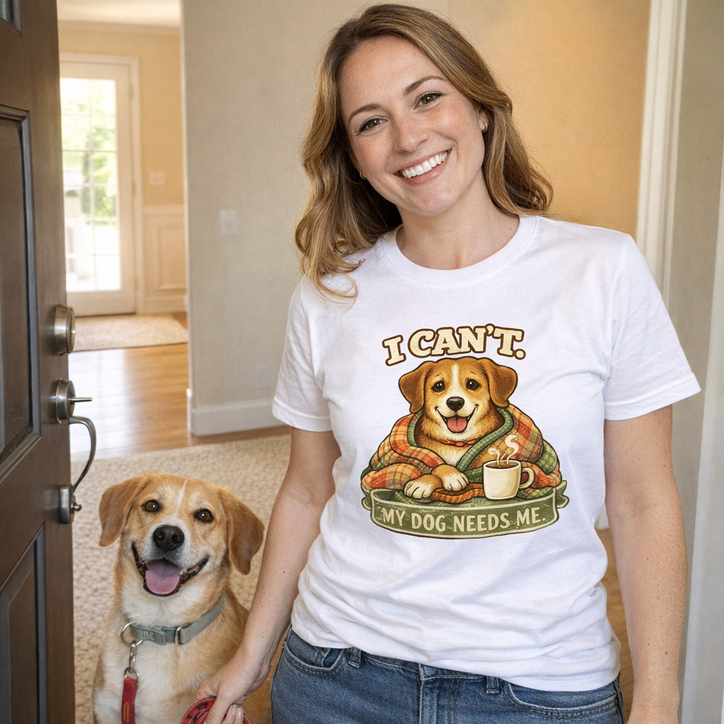 shirts.fyi VTO social proof | I Can't. My Dog Needs Me. Tee | card 87ae60a0-1457-41c4-834f-28fc1e567f86 | asset vto-artist-june-7f7494cd-vto_ugc_openai_hazel