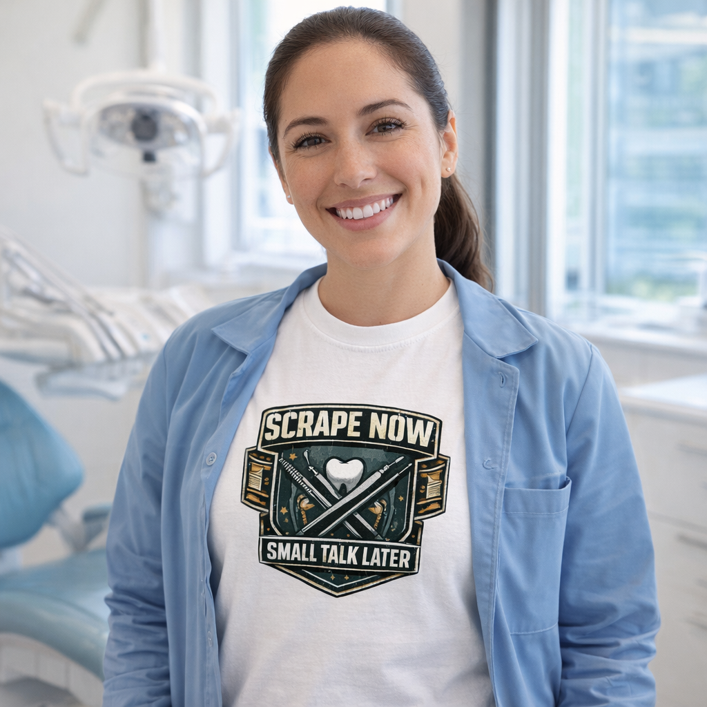 shirts.fyi VTO social proof | Scrape Now Small Talk Later Tee | card f6b90474-ee51-430a-8f86-128b6a2ef6bd | asset vto-artist-hank-94c74996-vto_ugc_openai_hazel
